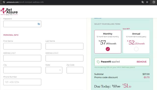 Pet Assure checkout page showing Pet Assure promo code box | Screenshot taken by SimplyCodes community member on May 29, 2024