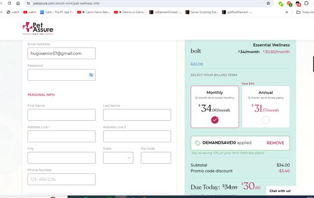 Pet Assure checkout page showing Pet Assure promo code box | Screenshot taken by SimplyCodes community member on May 29, 2024