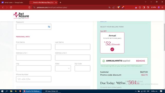 Pet Assure checkout page showing Pet Assure promo code box | Screenshot taken by SimplyCodes community member on Apr 11, 2024
