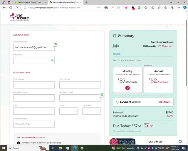 Pet Assure checkout page showing Pet Assure promo code box | Screenshot taken by SimplyCodes community member on May 29, 2024