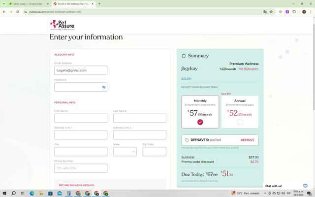 Pet Assure checkout page showing Pet Assure promo code box | Screenshot taken by SimplyCodes community member on May 29, 2024