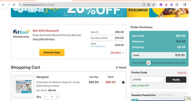 Pet Care Supplies checkout page showing Pet Care Supplies coupon code box | Screenshot taken by SimplyCodes community member on Aug 10, 2025