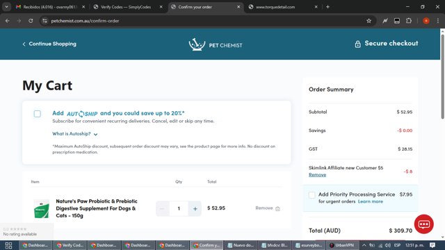 Pet Chemist AU checkout page showing Pet Chemist AU promo code box | Screenshot taken by SimplyCodes community member on Sep 5, 2025