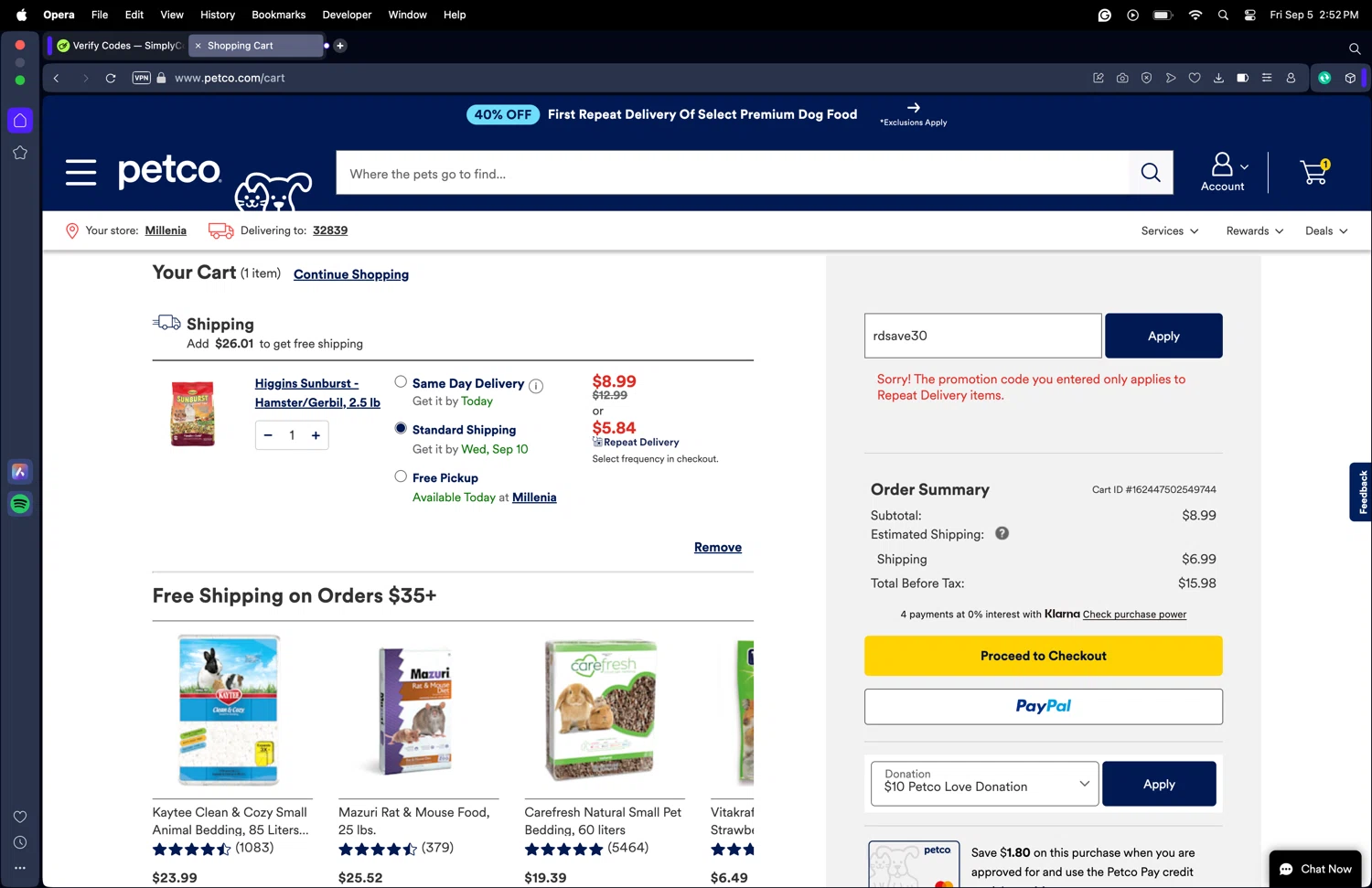 Petco checkout page showing Petco promo code box | Screenshot taken by SimplyCodes community member on Sep 5, 2025