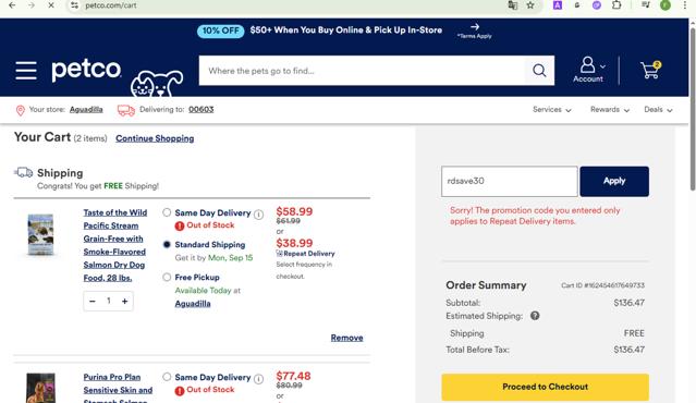 Petco checkout page showing Petco promo code box | Screenshot taken by SimplyCodes community member on Sep 5, 2025