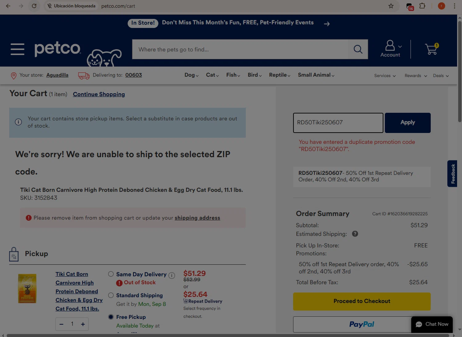 Petco promo code screenshot showing code RD50Tiki250607 applied at Petco checkout page. Uploaded by SimplyCodes community member CashMaverick1144 on Aug 29, 2025