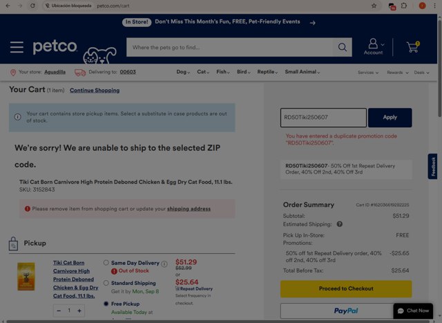 Petco checkout page showing Petco promo code box | Screenshot taken by SimplyCodes community member on Aug 29, 2025