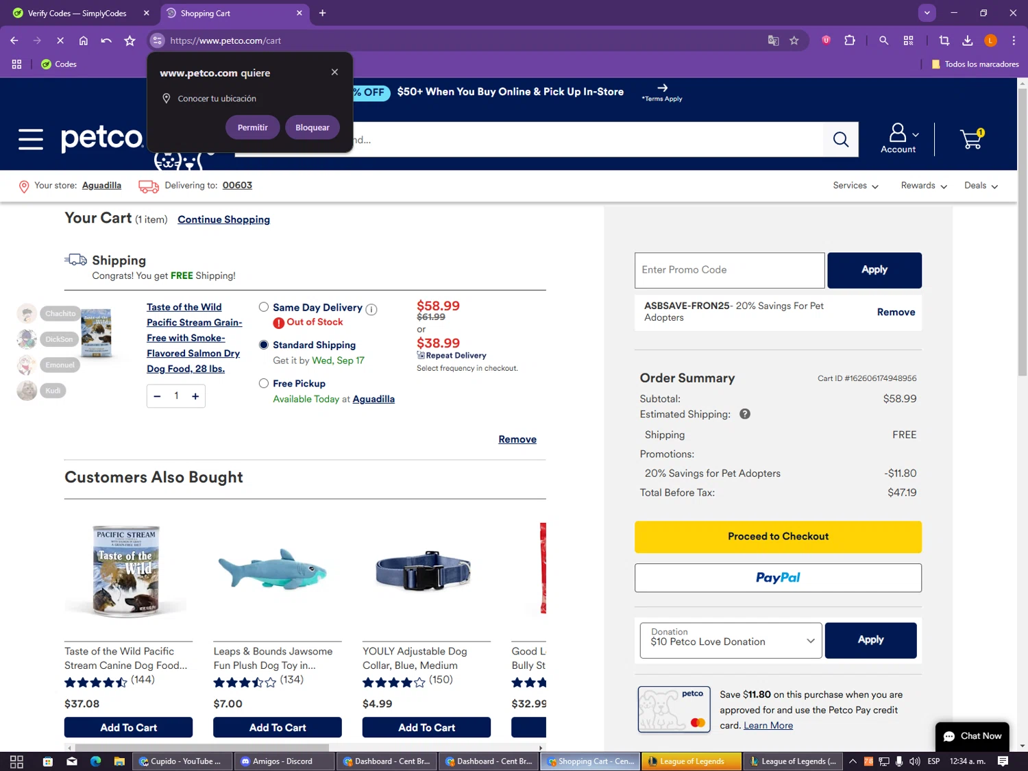 Petco promo code screenshot showing code ASBSAVE-FRON25 applied at Petco checkout page. Uploaded by SimplyCodes community member CleverCollector2986 on Sep 8, 2025