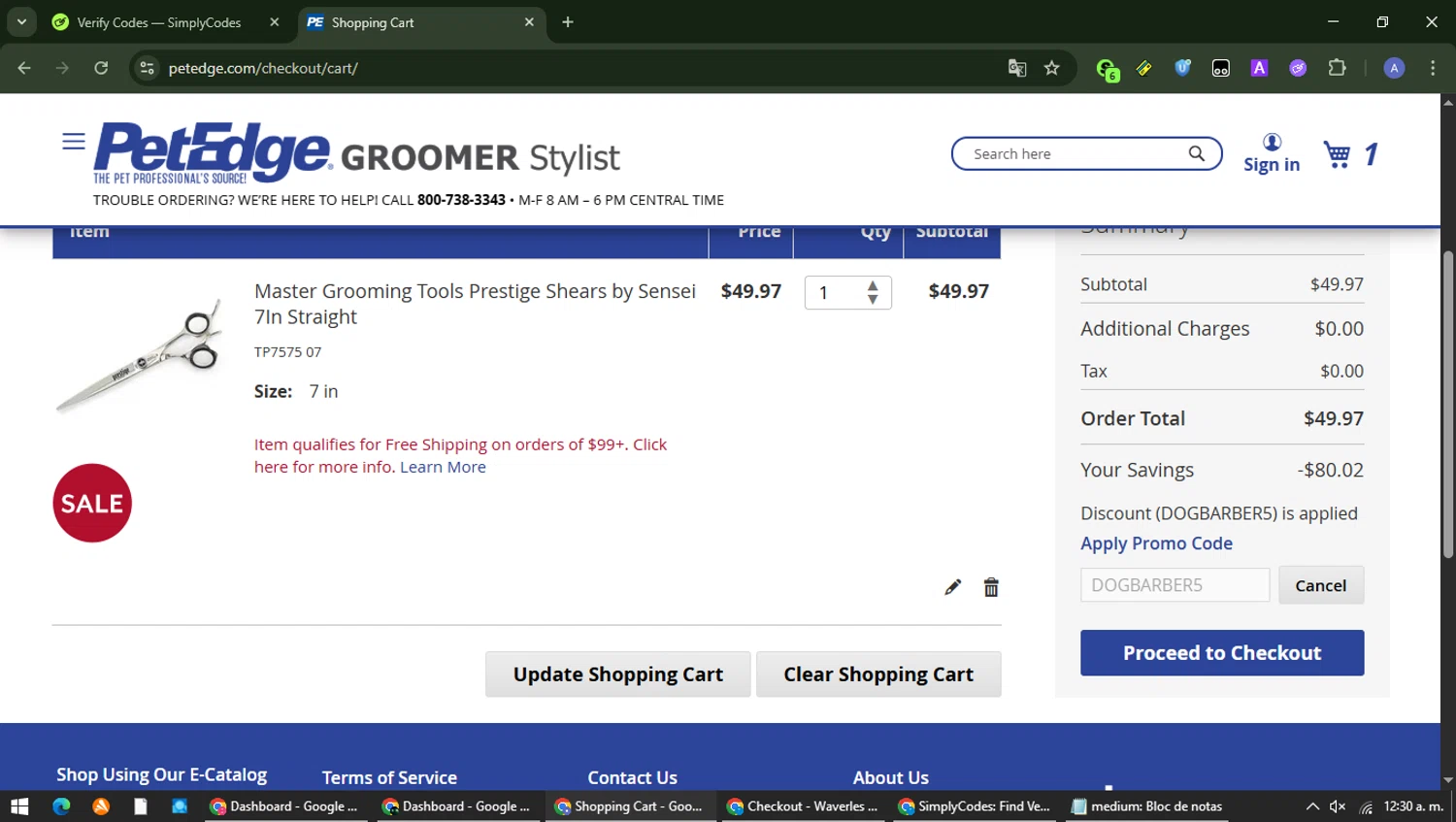 PetEdge promo code screenshot showing code DOGBARBER5 applied at PetEdge checkout page. Uploaded by SimplyCodes community member Carolina23 on Feb 27, 2026