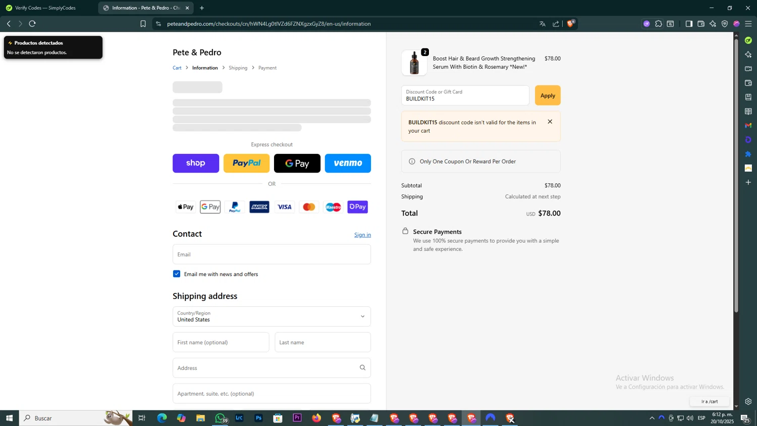 Pete & Pedro promo code screenshot showing code BUILDKIT15 applied at Pete & Pedro checkout page. Uploaded by SimplyCodes community member SmartAce8024 on Oct 20, 2025