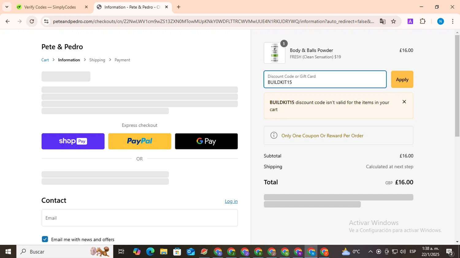 Pete & Pedro promo code screenshot showing code BUILDKIT15 applied at Pete & Pedro checkout page. Uploaded by SimplyCodes community member CoinHawk678 on Jan 22, 2025