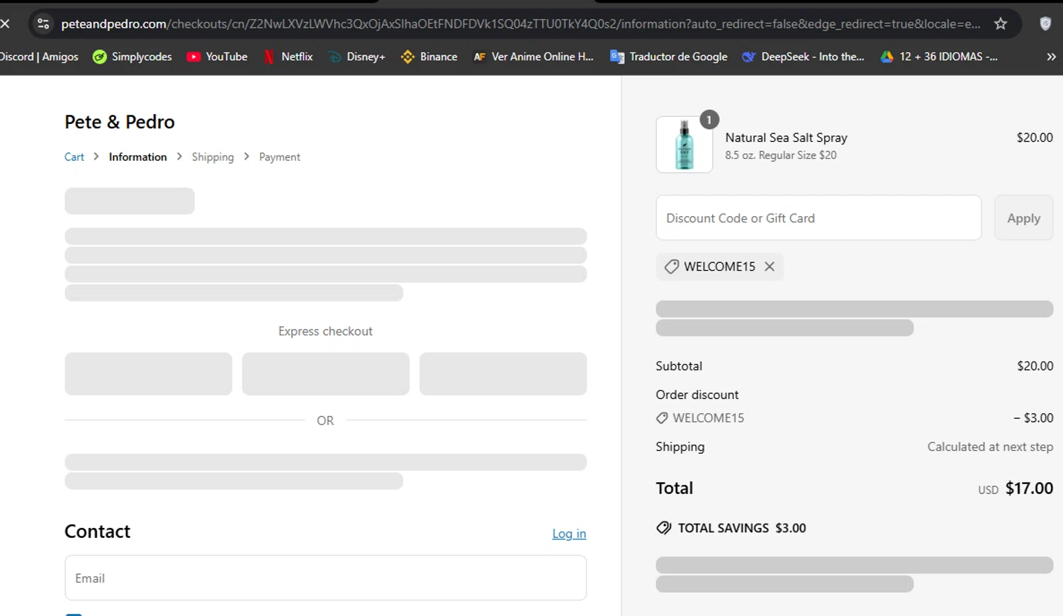 Pete & Pedro promo code screenshot showing code WELCOME15 applied at Pete & Pedro checkout page. Uploaded by SimplyCodes community member Hisoka on Jun 17, 2025