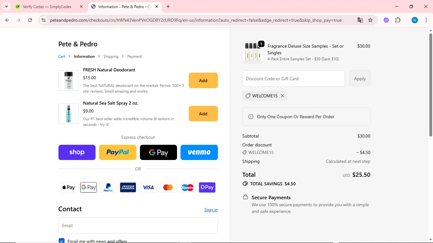 Pete & Pedro promo code screenshot showing code WELCOME15 applied at Pete & Pedro checkout page. Uploaded by SimplyCodes community member QuestOwl6398 on Oct 13, 2025