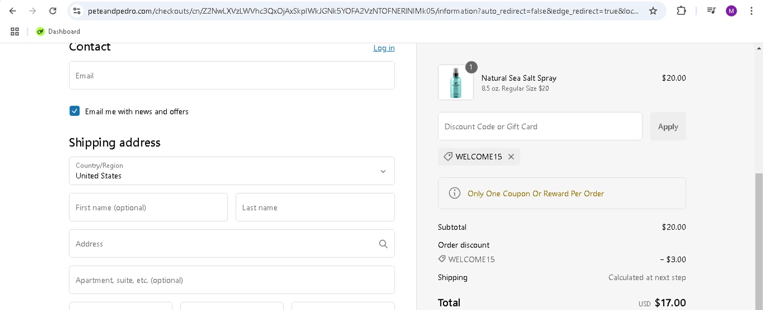 Pete & Pedro promo code screenshot showing code WELCOME15 applied at Pete & Pedro checkout page. Uploaded by SimplyCodes community member monicacaraballo on Jan 26, 2025