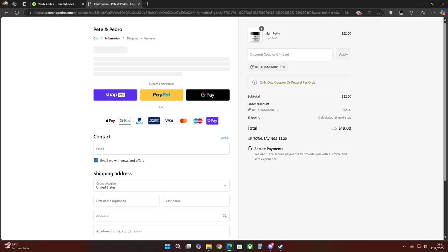 Pete & Pedro promo code screenshot showing code BECKHAMHAIR10 applied at Pete & Pedro checkout page. Uploaded by SimplyCodes community member Flores on Feb 11, 2025