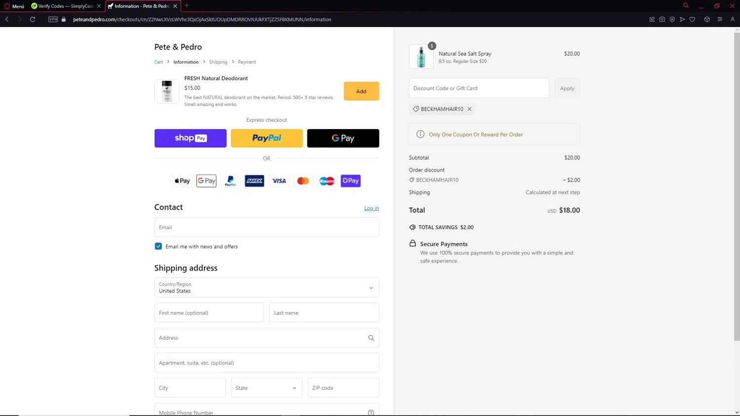 Pete & Pedro promo code screenshot showing code BECKHAMHAIR10 applied at Pete & Pedro checkout page. Uploaded by SimplyCodes community member CleverAdmiral2537 on Feb 11, 2025