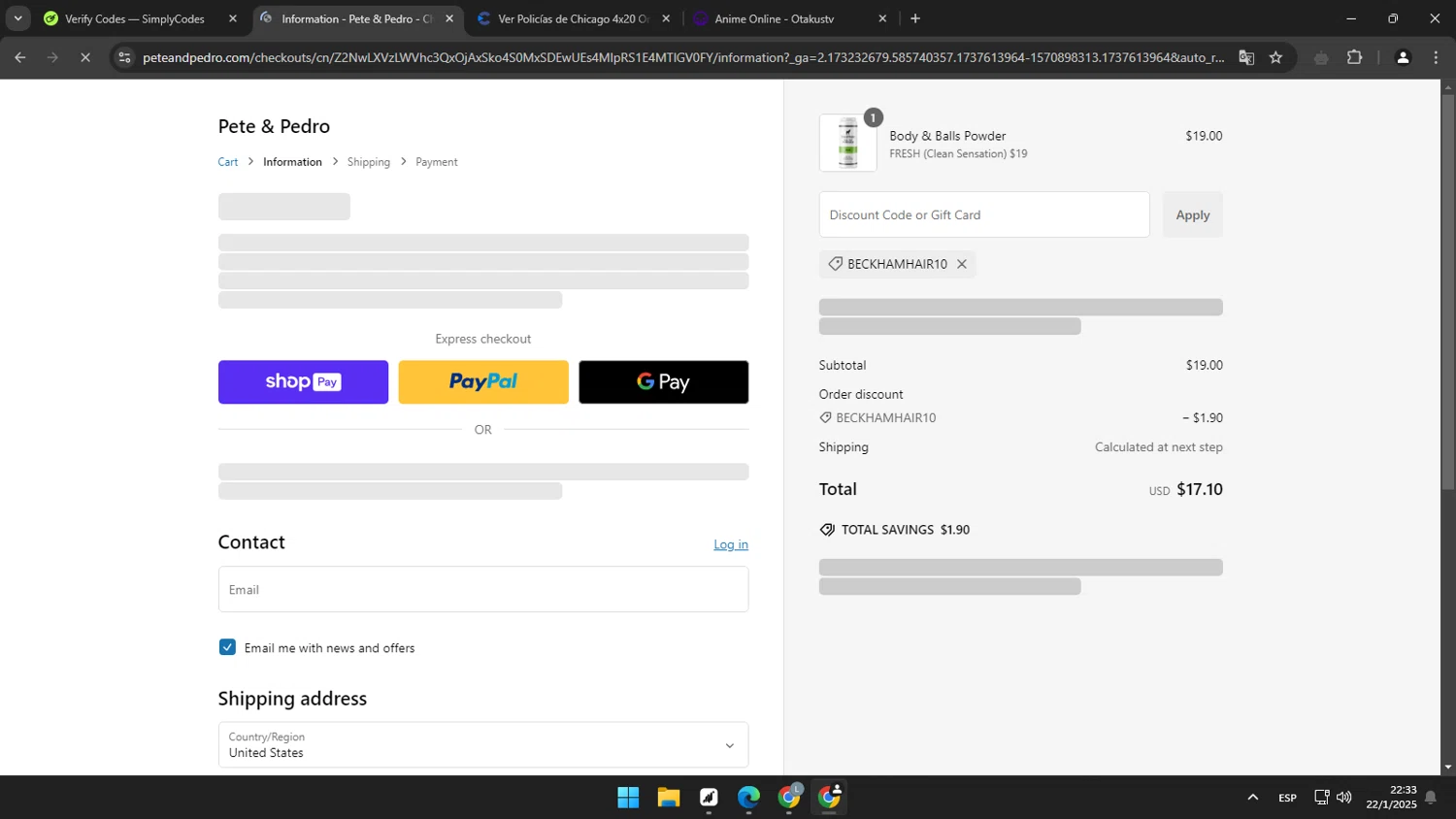Pete & Pedro promo code screenshot showing code BECKHAMHAIR10 applied at Pete & Pedro checkout page. Uploaded by SimplyCodes community member humanmos on Jan 23, 2025