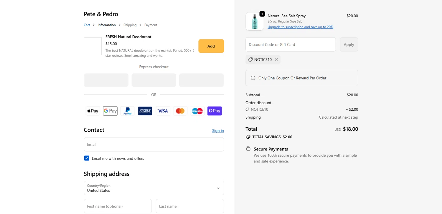 Pete & Pedro promo code screenshot showing code NOTICE10 applied at Pete & Pedro checkout page. Uploaded by SimplyCodes community member MagnifiHero3476 on Oct 5, 2025