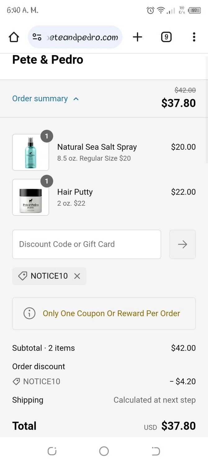 Pete & Pedro promo code screenshot showing code NOTICE10 applied at Pete & Pedro checkout page. Uploaded by SimplyCodes community member alexmarygomez on Feb 11, 2025