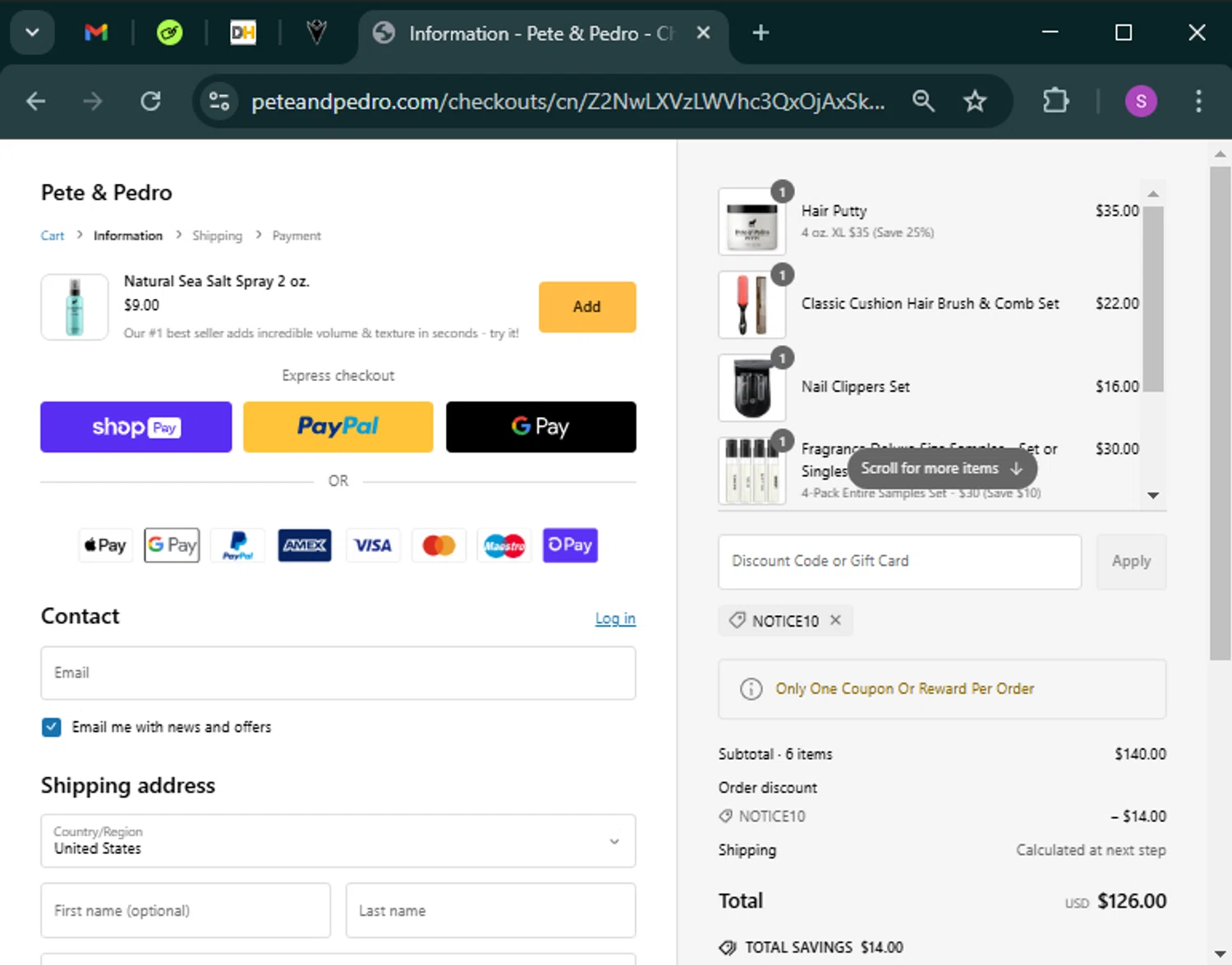 Pete & Pedro promo code screenshot showing code NOTICE10 applied at Pete & Pedro checkout page. Uploaded by SimplyCodes community member tinkle_tinkle on Feb 11, 2025