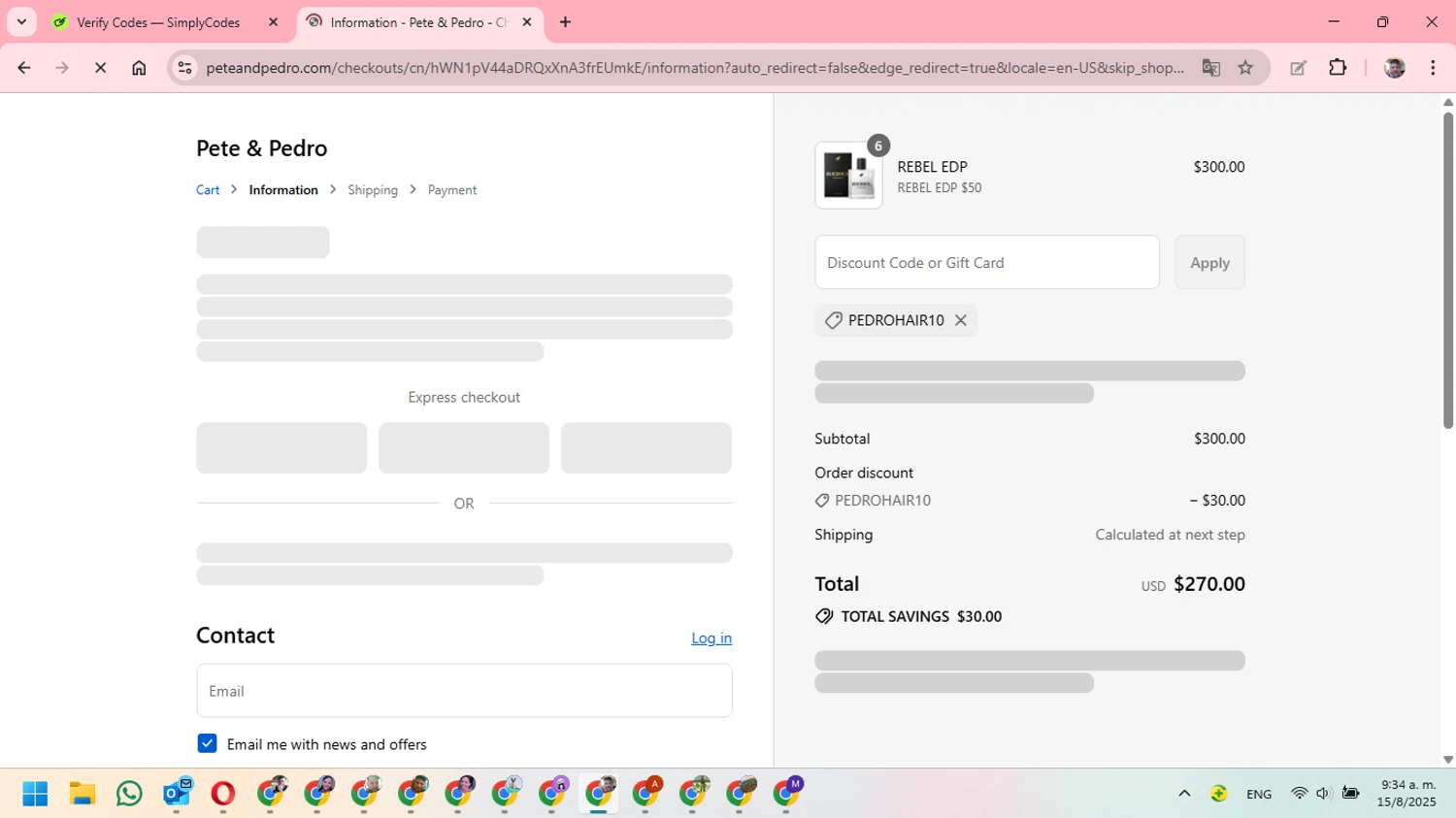 Pete & Pedro promo code screenshot showing code PEDROHAIR10 applied at Pete & Pedro checkout page. Uploaded by SimplyCodes community member DavGutFig on Aug 15, 2025