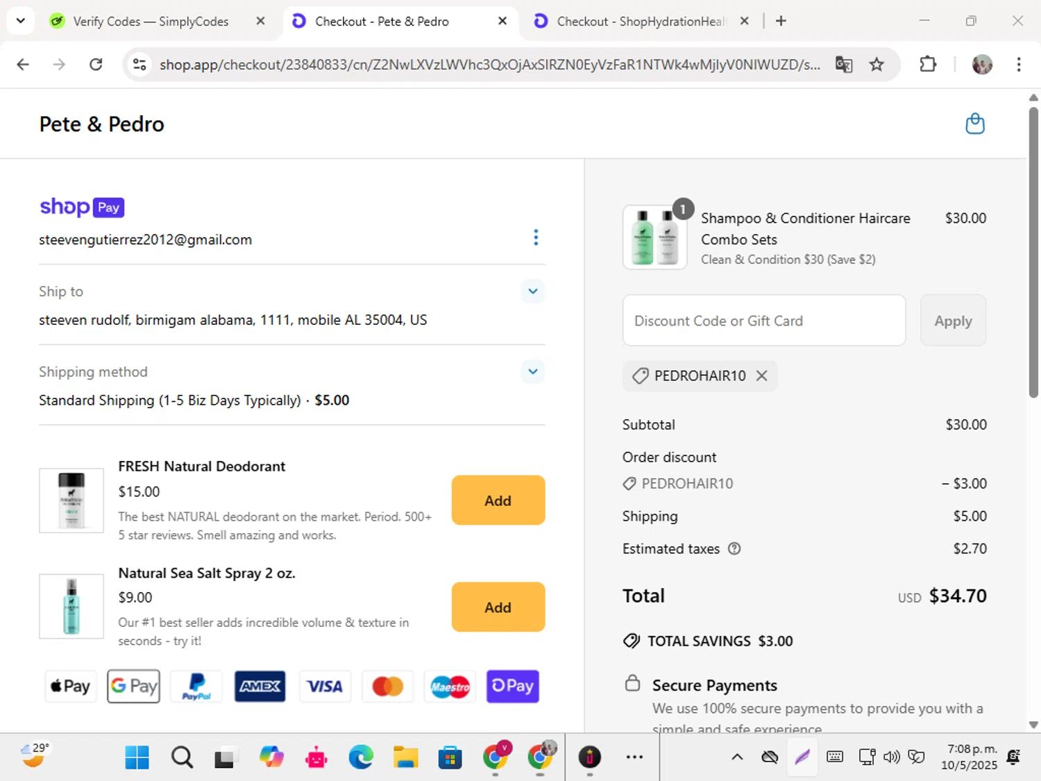 Pete & Pedro promo code screenshot showing code PEDROHAIR10 applied at Pete & Pedro checkout page. Uploaded by SimplyCodes community member karolg on May 10, 2025