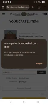 Peterboro Basket Company coupon verification screenshot