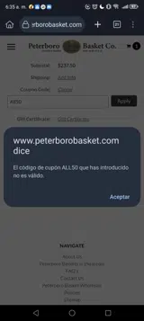 Peterboro Basket Company coupon verification screenshot