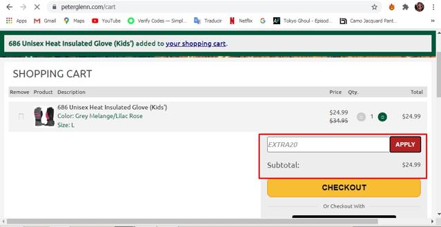 Peter Glenn Ski & Sports checkout page showing Peter Glenn Ski & Sports coupon code box | Screenshot taken by SimplyCodes community member on Aug 9, 2020