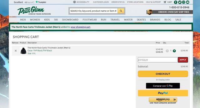 Peter Glenn Ski & Sports checkout page showing Peter Glenn Ski & Sports coupon code box | Screenshot taken by SimplyCodes community member on Oct 25, 2020