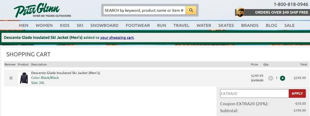 Peter Glenn Ski & Sports checkout page showing Peter Glenn Ski & Sports coupon code box | Screenshot taken by SimplyCodes community member on Aug 9, 2020