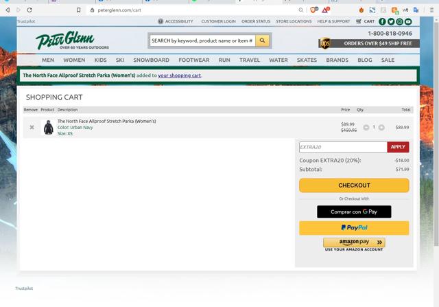 Peter Glenn Ski & Sports checkout page showing Peter Glenn Ski & Sports coupon code box | Screenshot taken by SimplyCodes community member on Aug 8, 2020