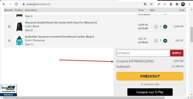 Peter Glenn Ski & Sports checkout page showing Peter Glenn Ski & Sports coupon code box | Screenshot taken by SimplyCodes community member on Aug 9, 2020