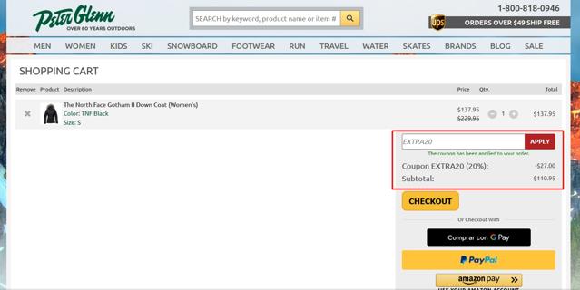 Peter Glenn Ski & Sports checkout page showing Peter Glenn Ski & Sports coupon code box | Screenshot taken by SimplyCodes community member on Aug 9, 2020