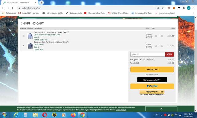 Peter Glenn Ski & Sports checkout page showing Peter Glenn Ski & Sports coupon code box | Screenshot taken by SimplyCodes community member on Aug 8, 2020