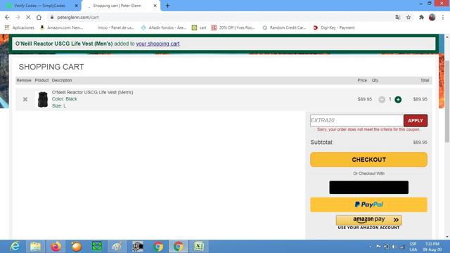 Peter Glenn Ski & Sports checkout page showing Peter Glenn Ski & Sports coupon code box | Screenshot taken by SimplyCodes community member on Aug 9, 2020