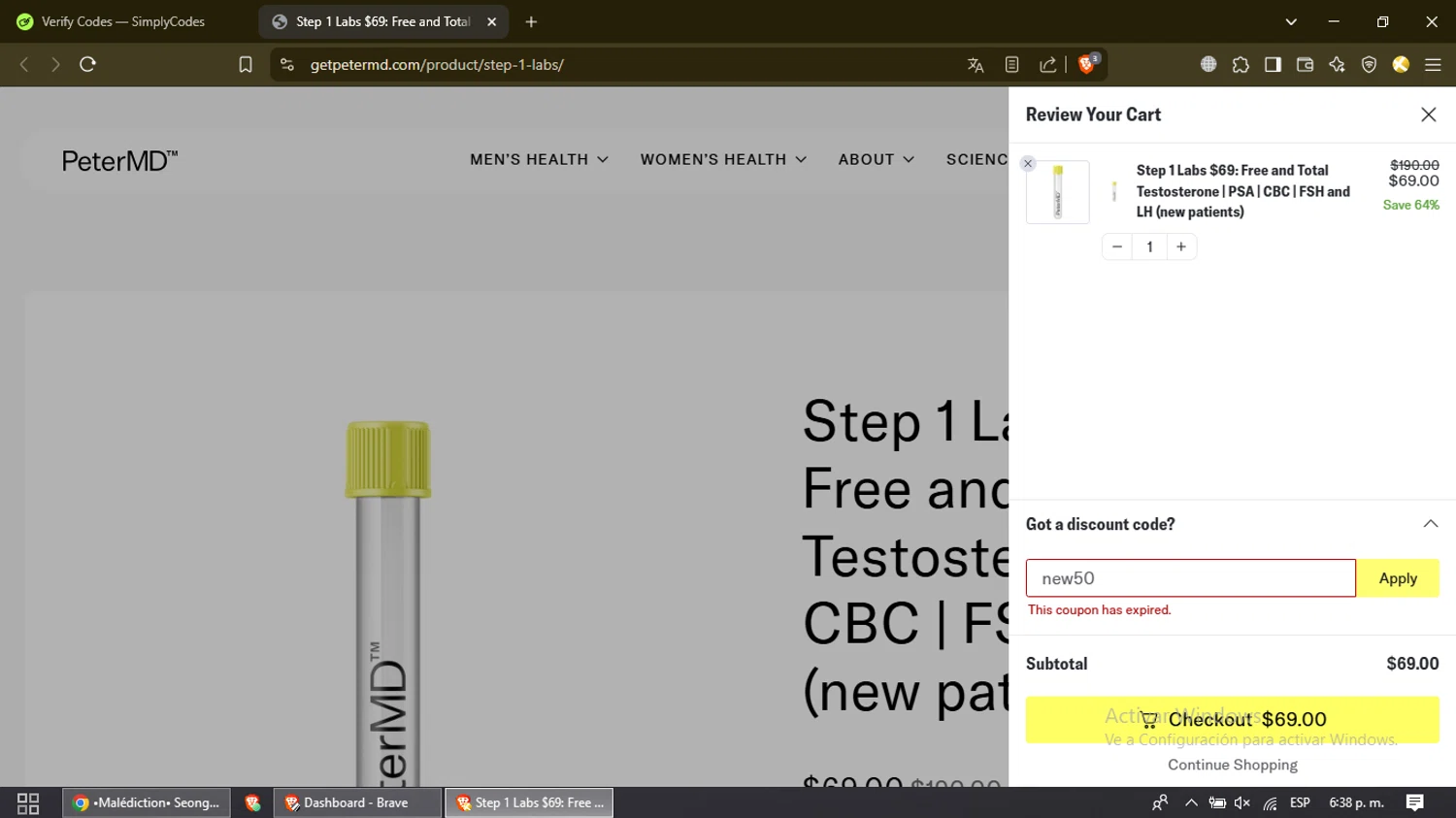 Peter MD promo code screenshot showing code new50 applied at Peter MD checkout page. Uploaded by SimplyCodes community member SaleHunter3335 on Feb 25, 2025
