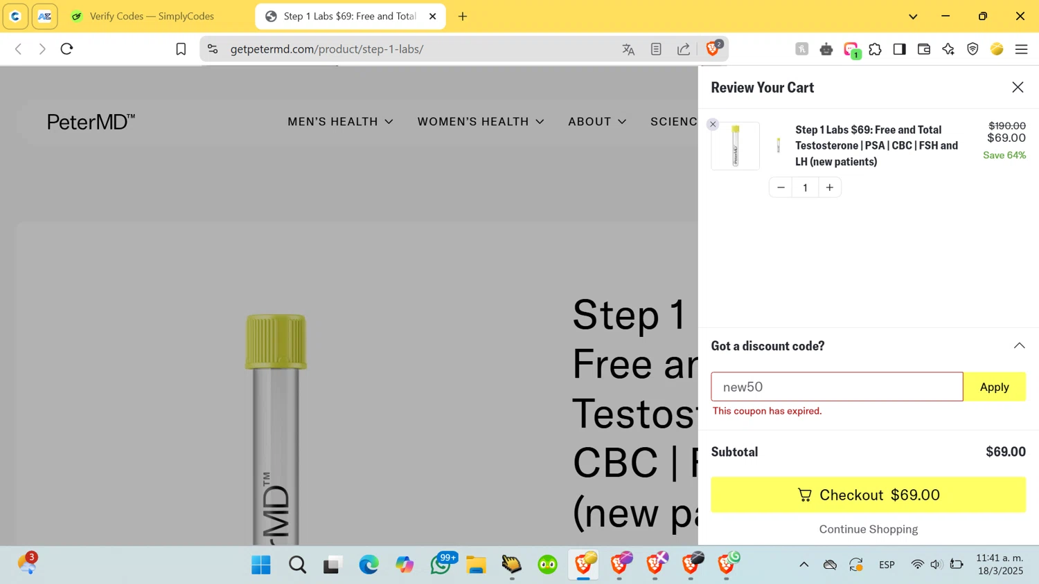 Peter MD promo code screenshot showing code new50 applied at Peter MD checkout page. Uploaded by SimplyCodes community member lirguin on Mar 18, 2025