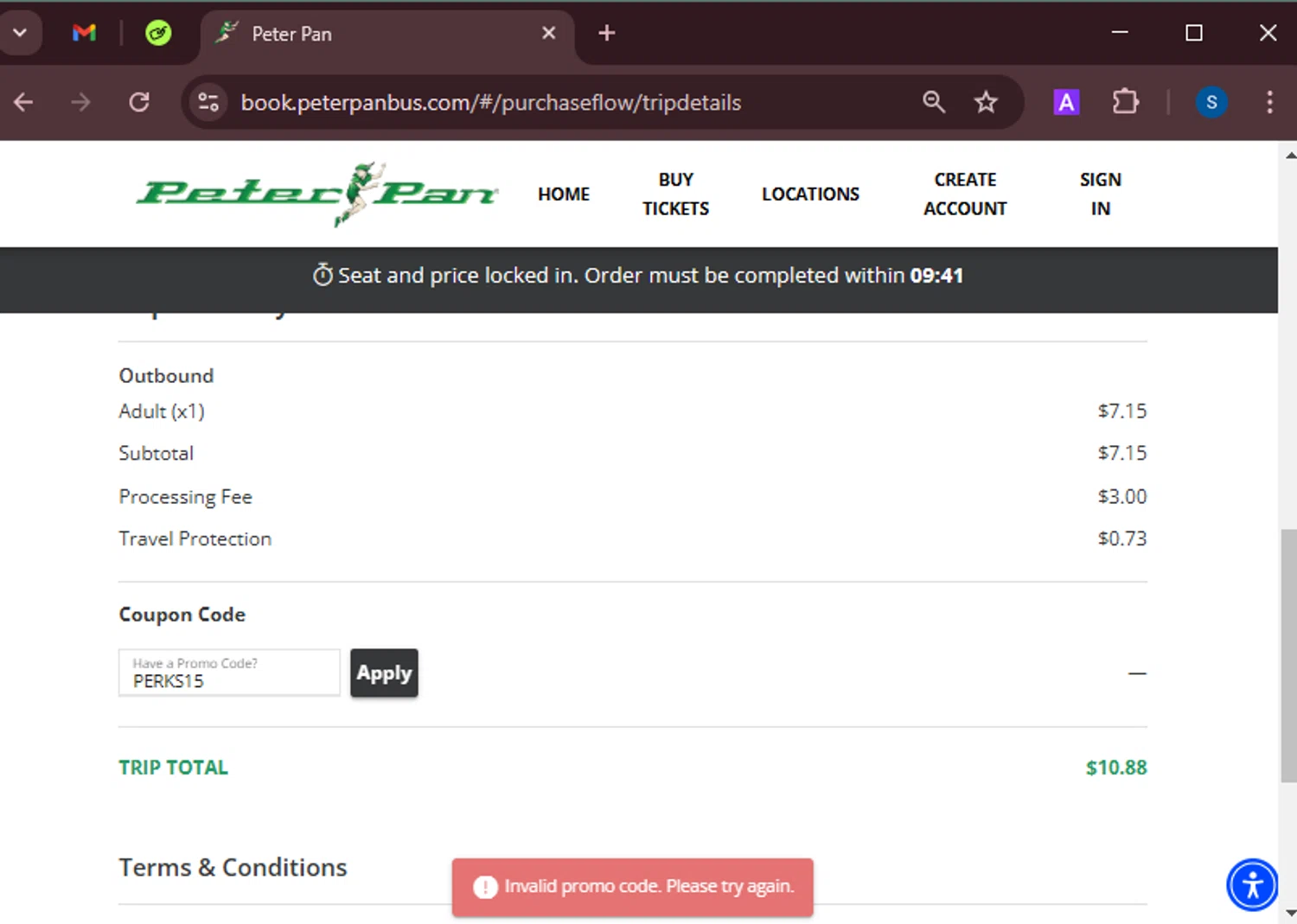 Peter Pan Bus Lines discount code screenshot showing code PERKS15 applied at Peter Pan Bus Lines checkout page. Uploaded by SimplyCodes community member BrandoJose1 on Feb 11, 2025