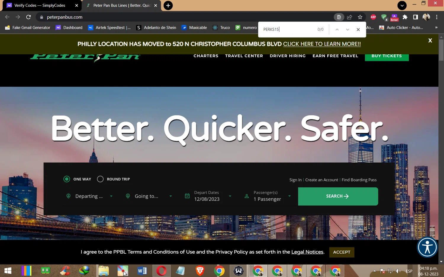 Peter Pan Bus Lines checkout page showing Peter Pan Bus Lines discount code box | Screenshot taken by SimplyCodes community member on Dec 8, 2023