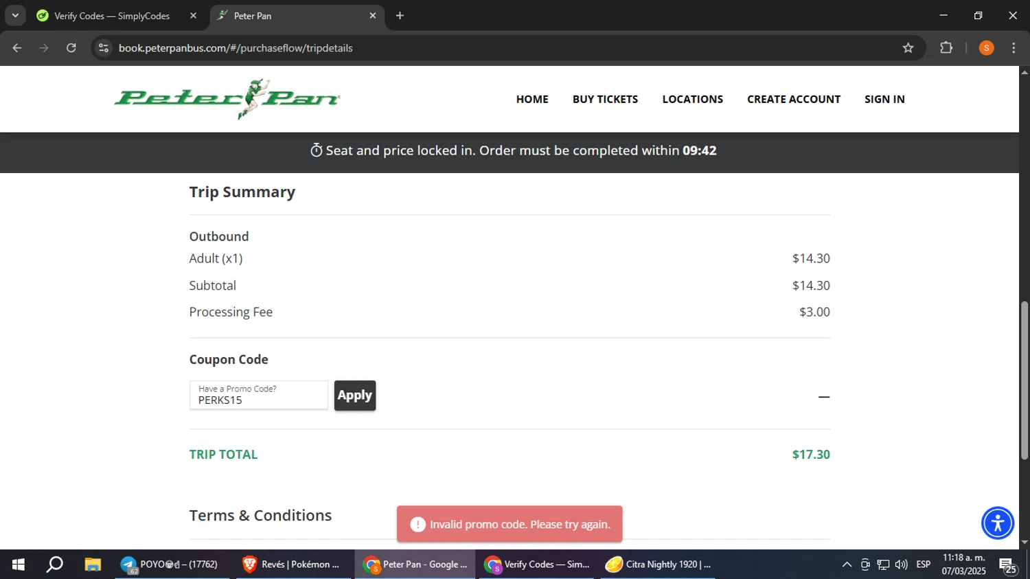 Peter Pan Bus Lines discount code screenshot showing code PERKS15 applied at Peter Pan Bus Lines checkout page. Uploaded by SimplyCodes community member StevenZarraga on Mar 7, 2025