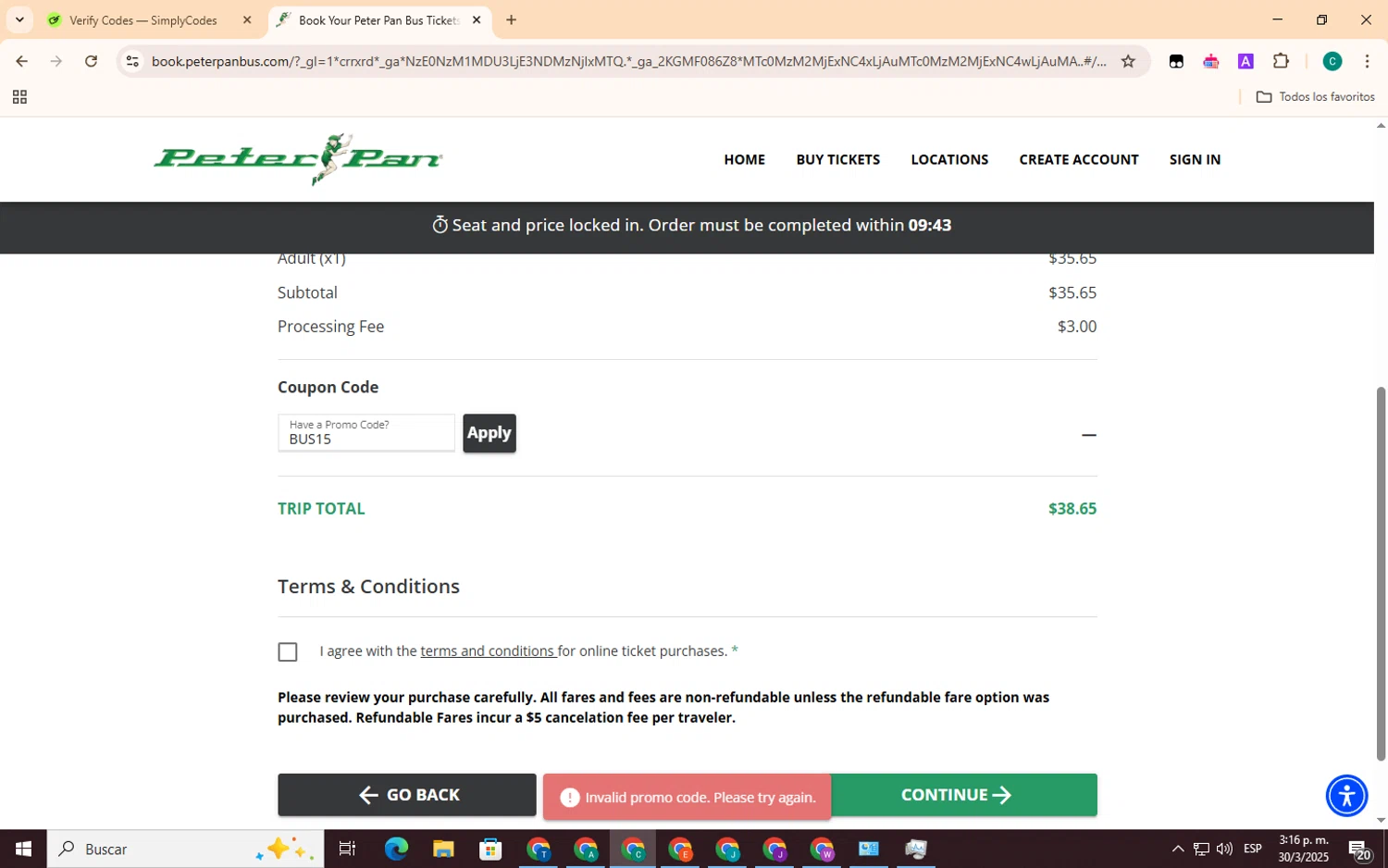 Peter Pan Bus Lines discount code screenshot showing code BUS15 applied at Peter Pan Bus Lines checkout page. Uploaded by SimplyCodes community member EpicSpotter3493 on Mar 30, 2025
