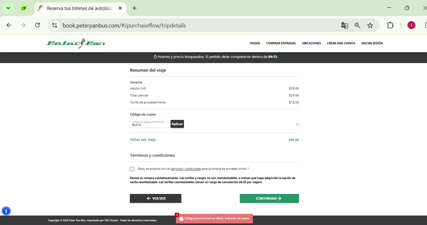 Peter Pan Bus Lines discount code screenshot showing code BUS15 applied at Peter Pan Bus Lines checkout page. Uploaded by SimplyCodes community member SavingsPhoenix2740 on Apr 27, 2025