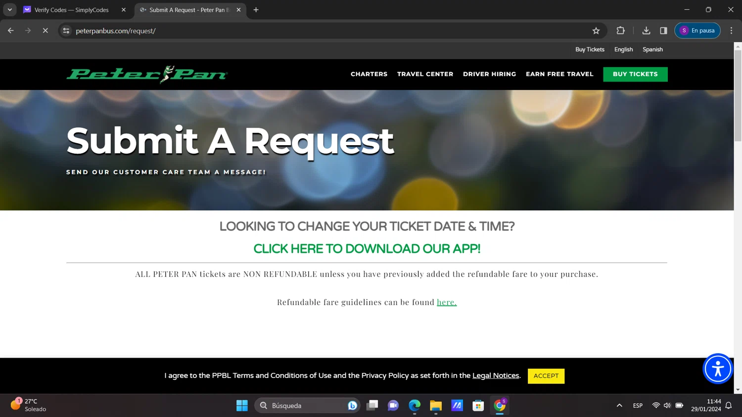 Peter Pan Bus Lines checkout page showing Peter Pan Bus Lines discount code box | Screenshot taken by SimplyCodes community member on Jan 29, 2024