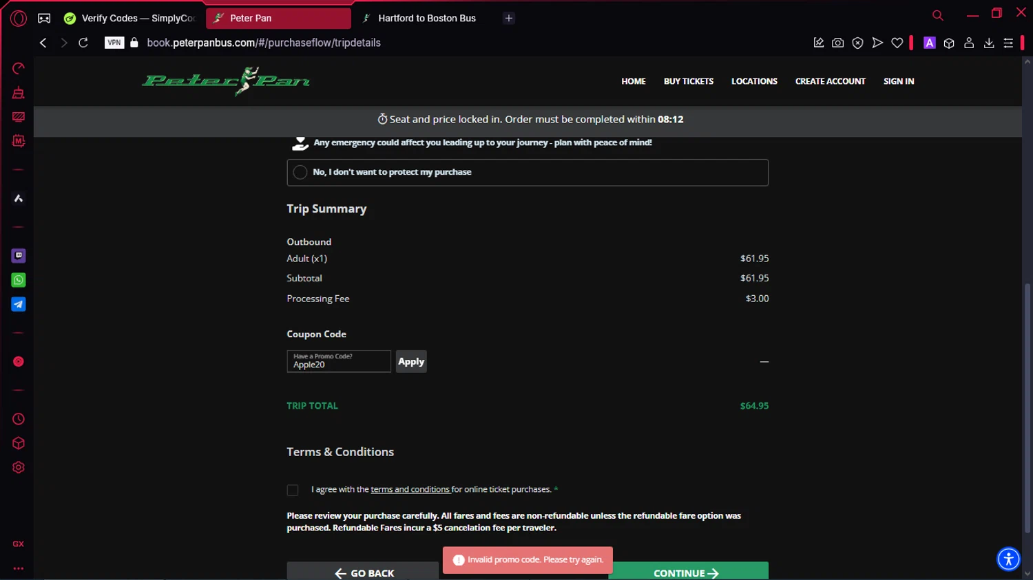 Peter Pan Bus Lines discount code screenshot showing code Apple20 applied at Peter Pan Bus Lines checkout page. Uploaded by SimplyCodes community member McLovin on Mar 3, 2025