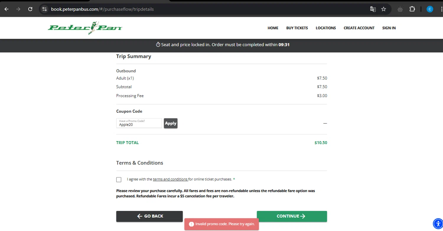 Peter Pan Bus Lines discount code screenshot showing code Apple20 applied at Peter Pan Bus Lines checkout page. Uploaded by SimplyCodes community member PromoBoss9319 on Mar 24, 2025
