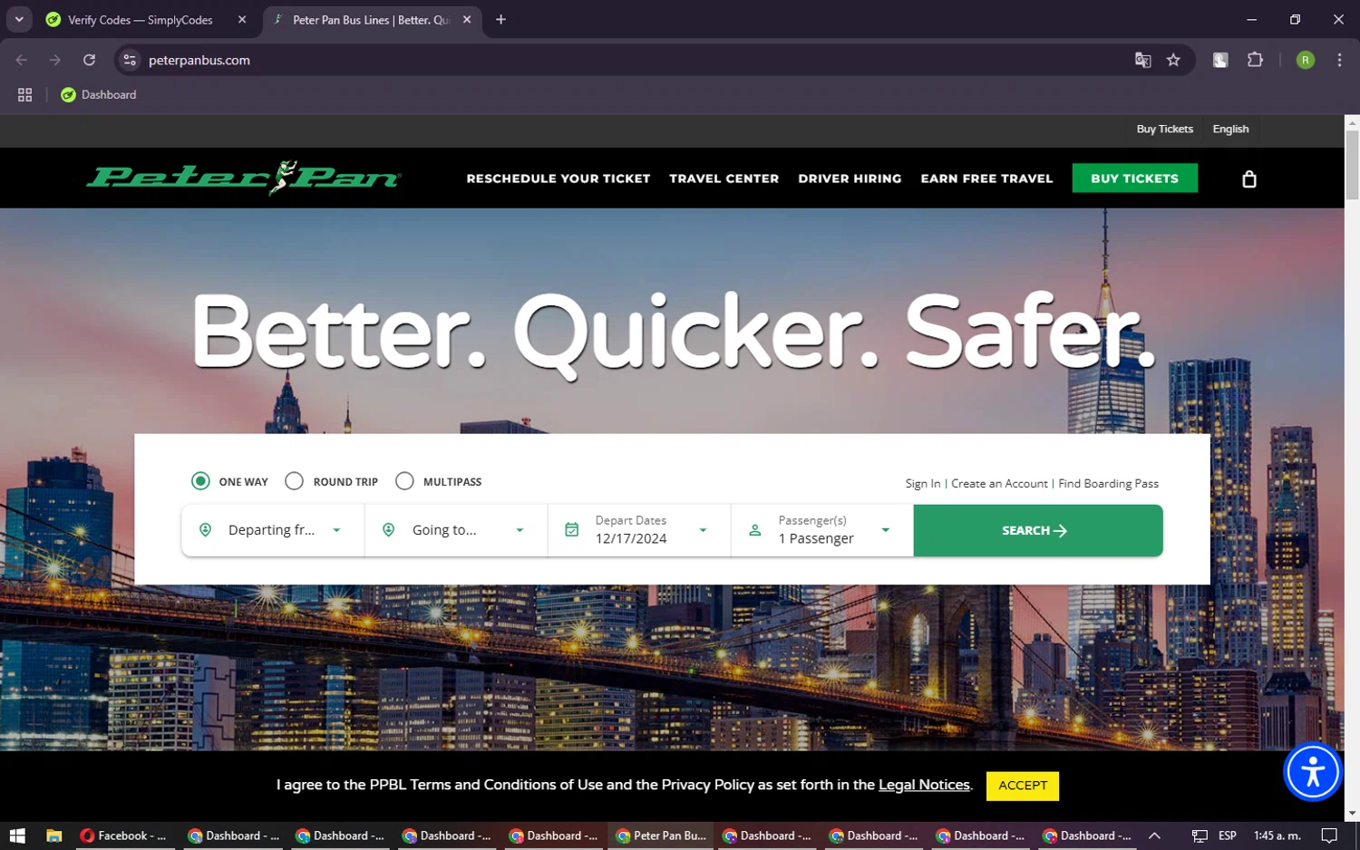 Peter Pan Bus Lines checkout page showing Peter Pan Bus Lines discount code box | Screenshot taken by SimplyCodes community member on Dec 17, 2024
