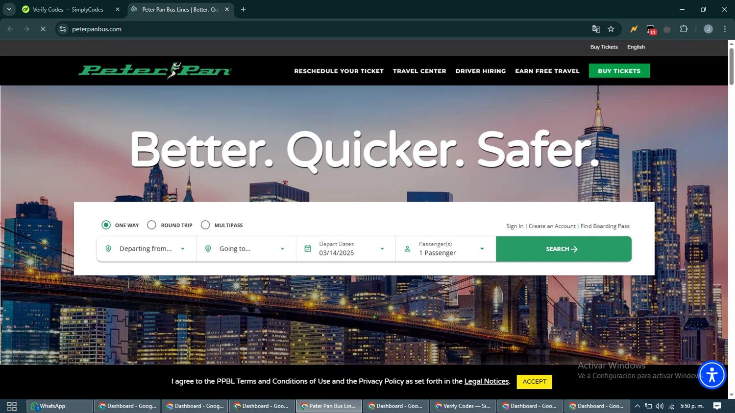 Peter Pan Bus Lines discount code screenshot showing code Apple20 applied at Peter Pan Bus Lines checkout page. Uploaded by SimplyCodes community member CashShopper1214 on Mar 14, 2025