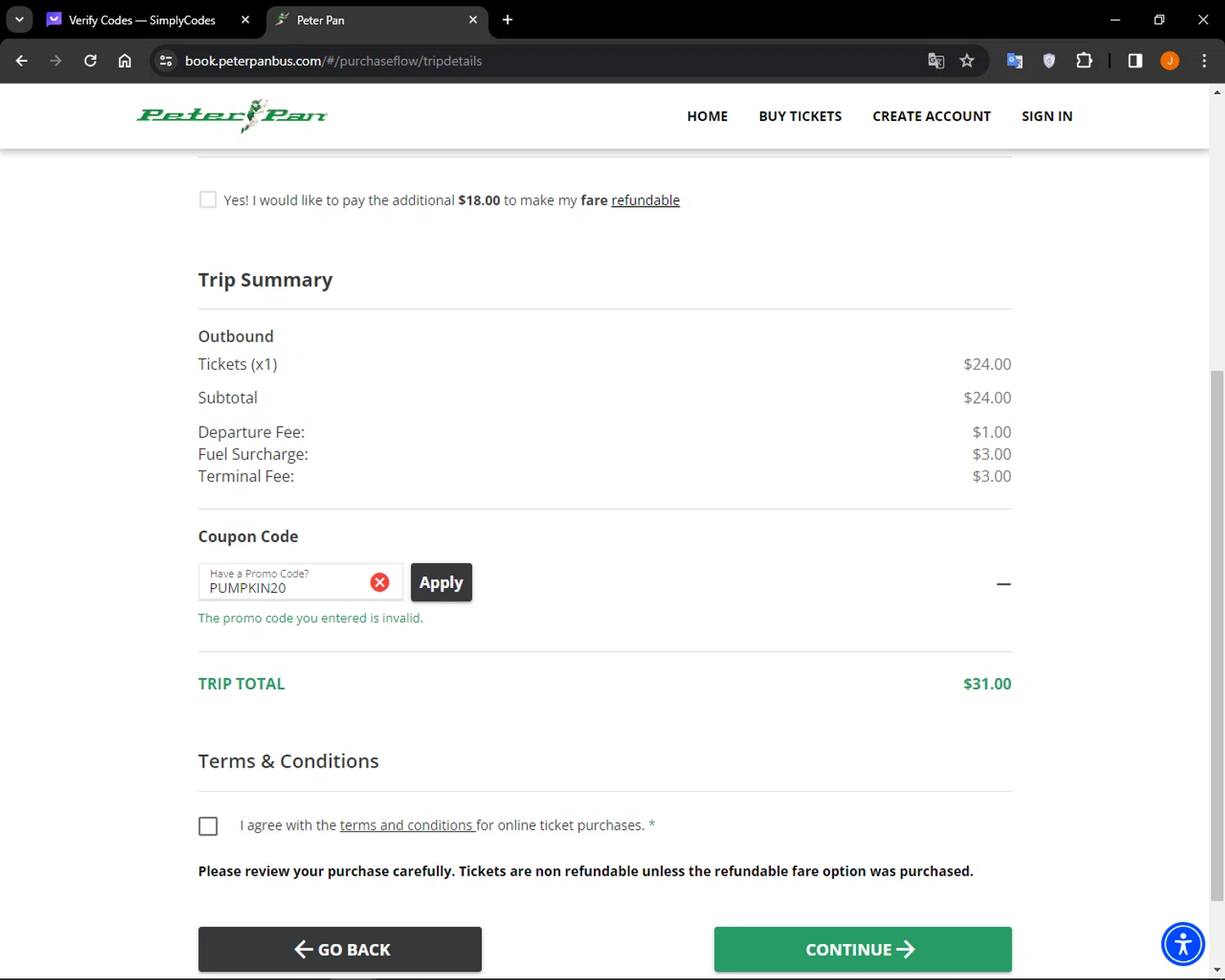 Peter Pan Bus Lines checkout page showing Peter Pan Bus Lines discount code box | Screenshot taken by SimplyCodes community member on Jan 10, 2024