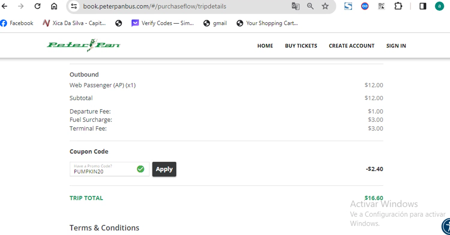 Peter Pan Bus Lines checkout page showing Peter Pan Bus Lines discount code box | Screenshot taken by SimplyCodes community member on Nov 13, 2023